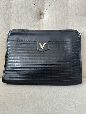 Mario Valentino Black Leather Clutch with Signature V Hardware